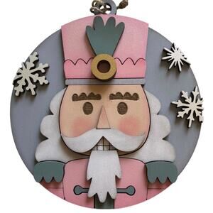 Whimsical Nutcracker Ornament - Pink, Gray & Green Hand Painted Wood